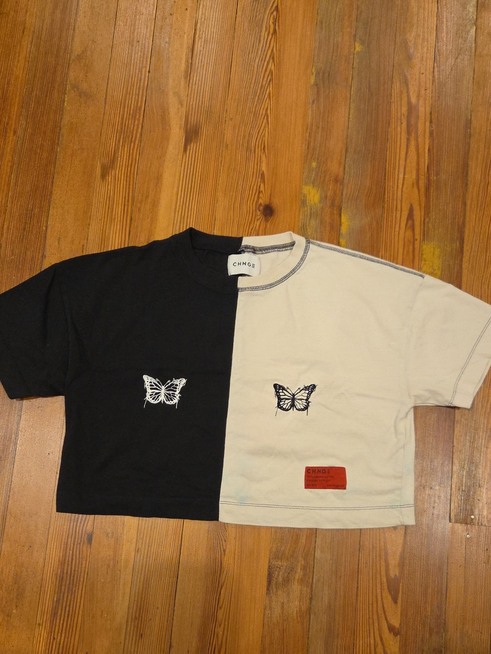 CHNGE Butterfly Split Black And Cream Crop Top